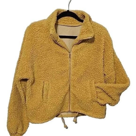 Sherpa Tan Cropped‎ Bomber Jacket Zipper Cinched Waist Juniors Size Medium(?) - Picture 1 of 5